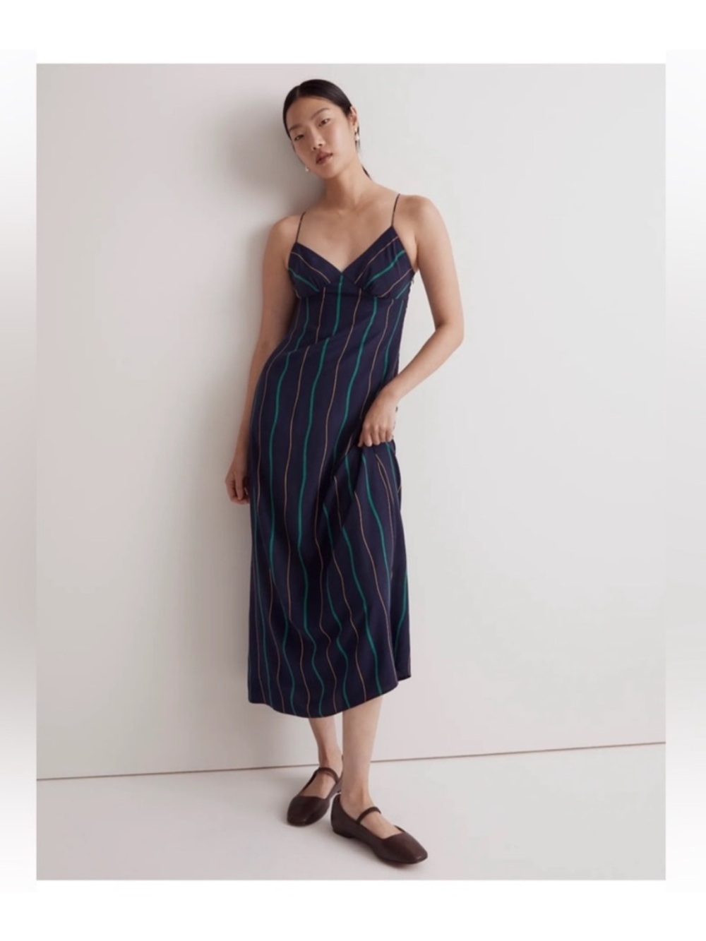 Madewell Navy Midi Slip Dress with Green Stripe